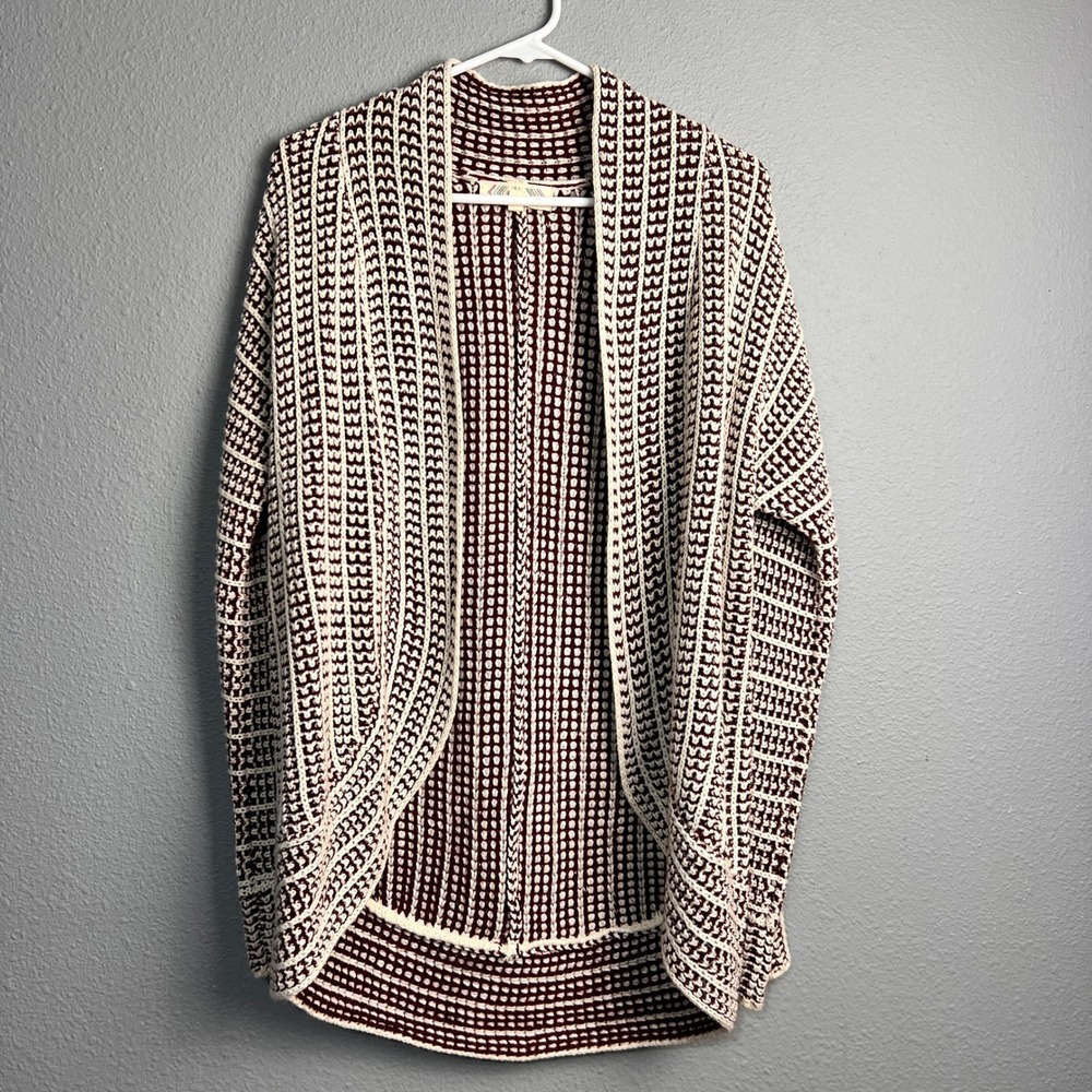 Pink‎ Rose Burgundy Cream Textured Waffle Knit Open Front Cardigan Sweater Small